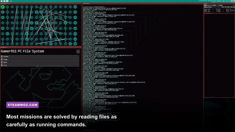 Hacknet file system puzzle with folders and mission files on screen