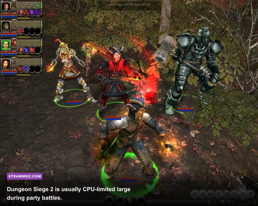 Dungeon Siege 2 party fighting enemies in a forest at 1080p
