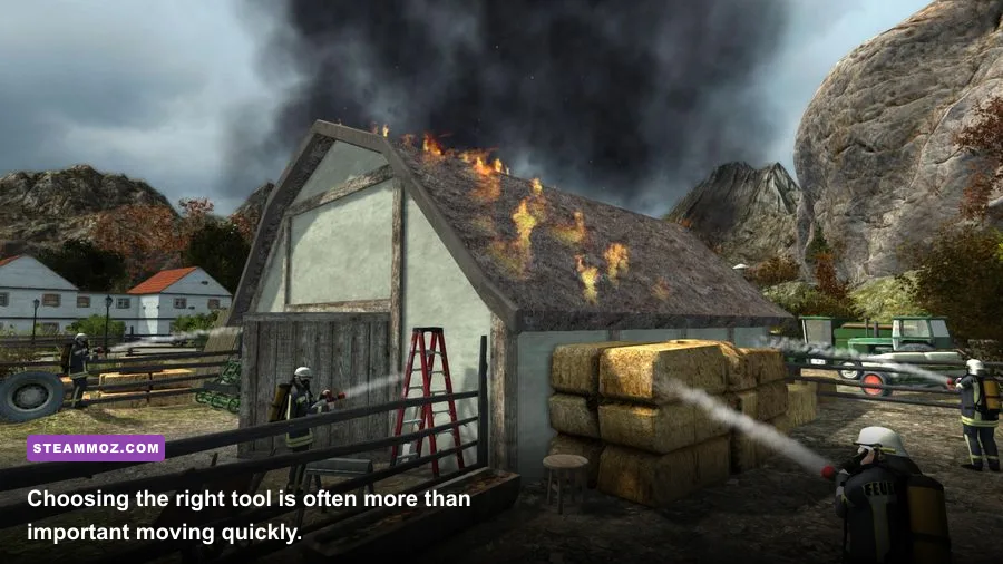 Firefighters 2014 gameplay showing a firefighter selecting equipment at an emergency scene