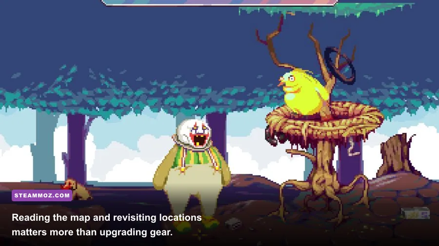 Dropsy exploring the connected town and wilderness areas
