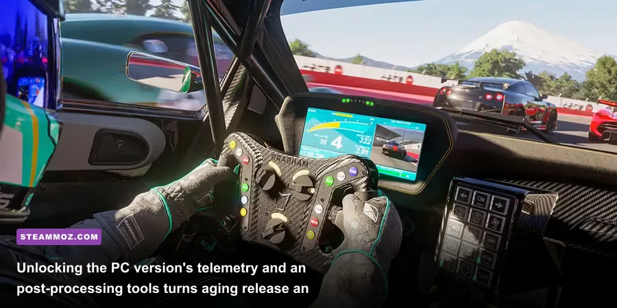 Cockpit interior view of a race car driving down the straight in Forza Motorsport 7