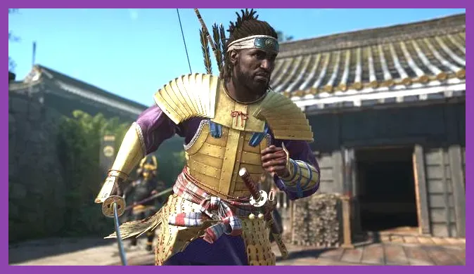 Yasuke wielding a katana in heavy armor