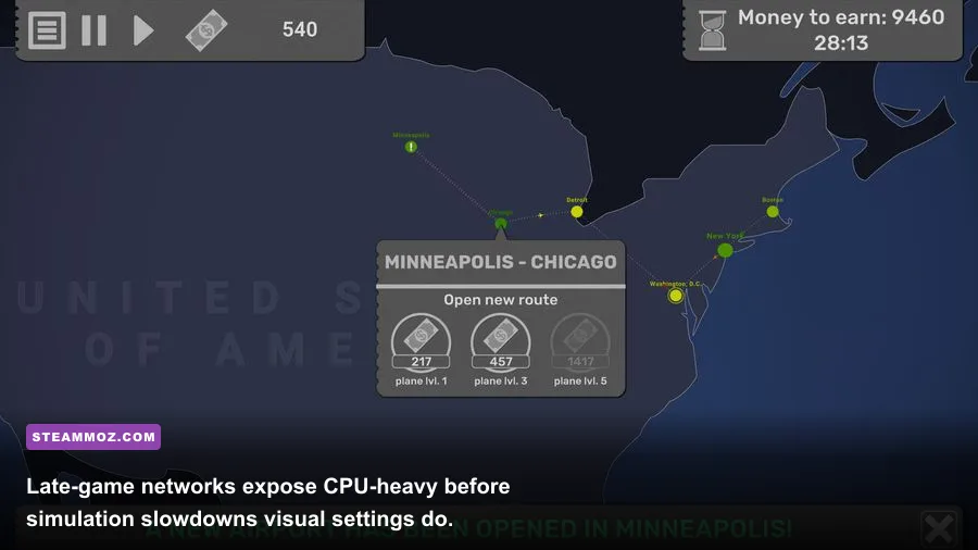 Fly Corp late-game world map with hundreds of connected airports and flight routes