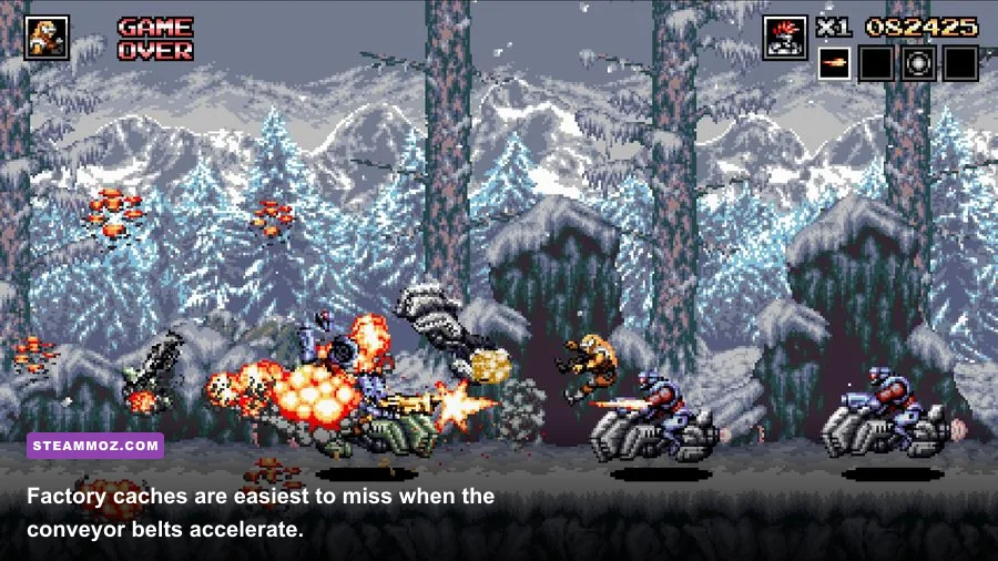 Blazing Chrome factory interior with weapon pickups and mechanical enemies