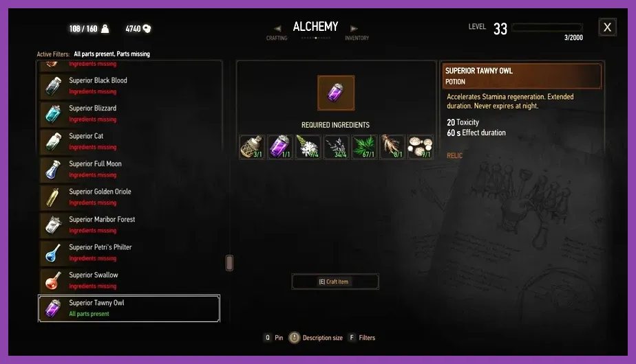 Alchemy brewing interface in The Witcher 3