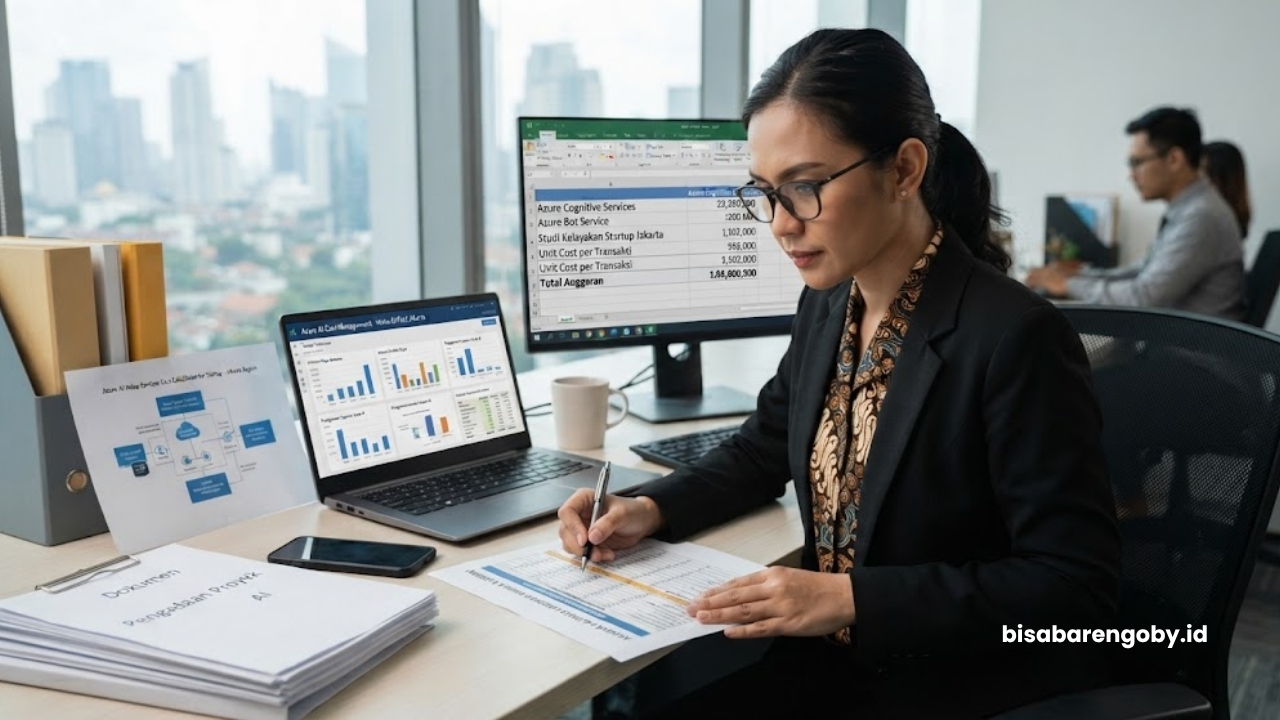 Manajer pengadaan mengevaluasi alokasi anggaran saat menghitung biaya Voice AI untuk startup di Jakarta berbasis Azure AI