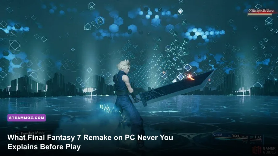 Cloud Strife standing in Midgar holding the Buster Sword in Final Fantasy 7 Remake Intergrade PC