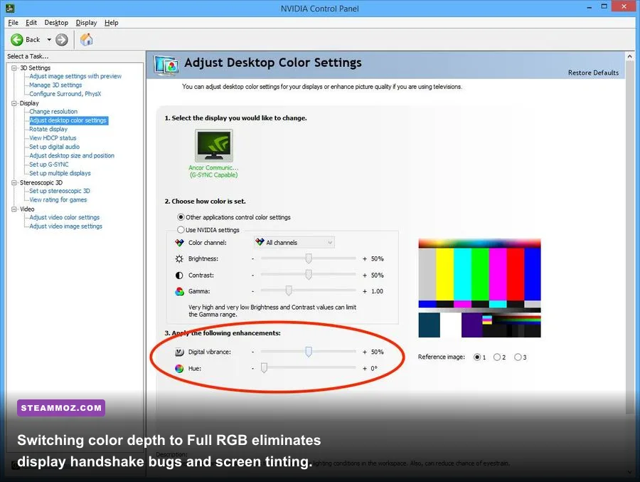 NVIDIA Control Panel color settings menu showing Full RGB output dynamic range