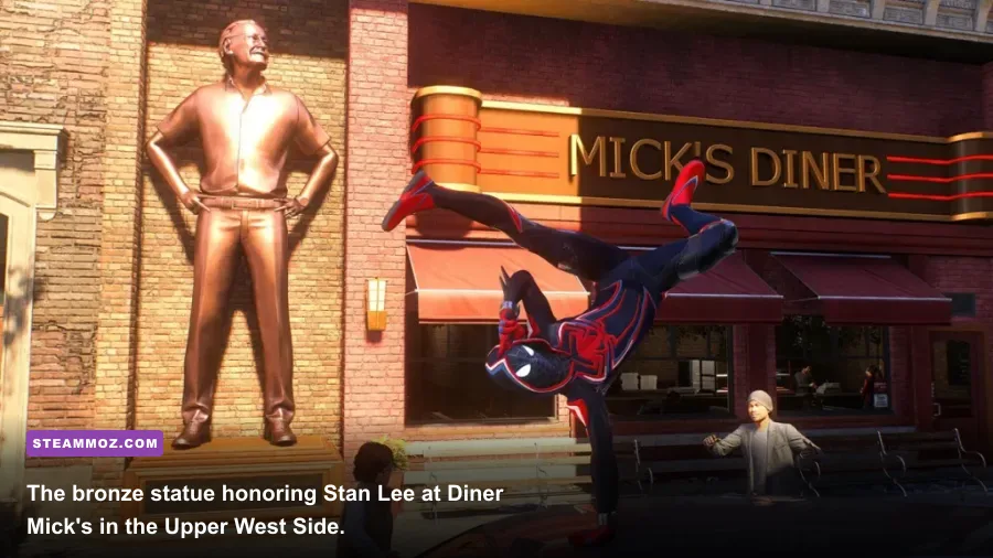 Stan Lee bronze memorial statue located near Mick's Diner in Spider-Man Miles Morales