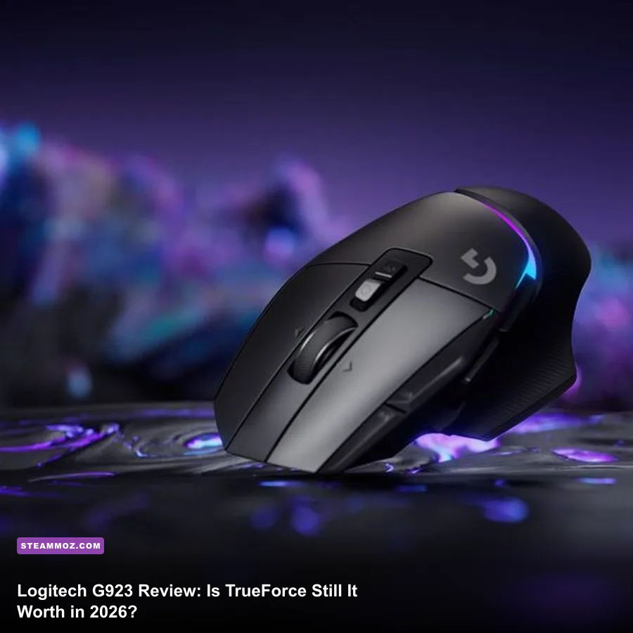 Logitech G923 TrueForce racing wheel and pedal set on a gaming desk