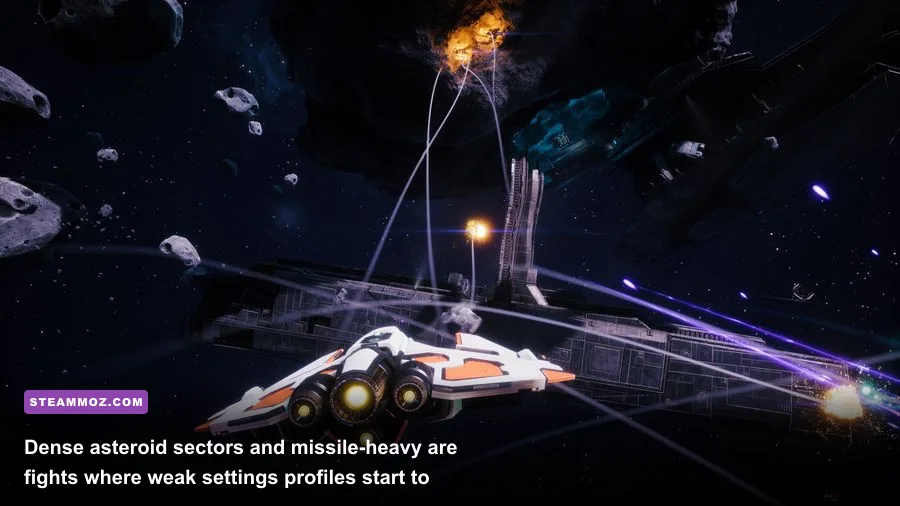 EVERSPACE Gunship battling hostile ships inside a dense asteroid field