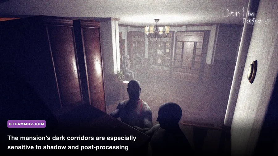 David exploring a dim mansion in Don't Be Afraid first-person horror gameplay