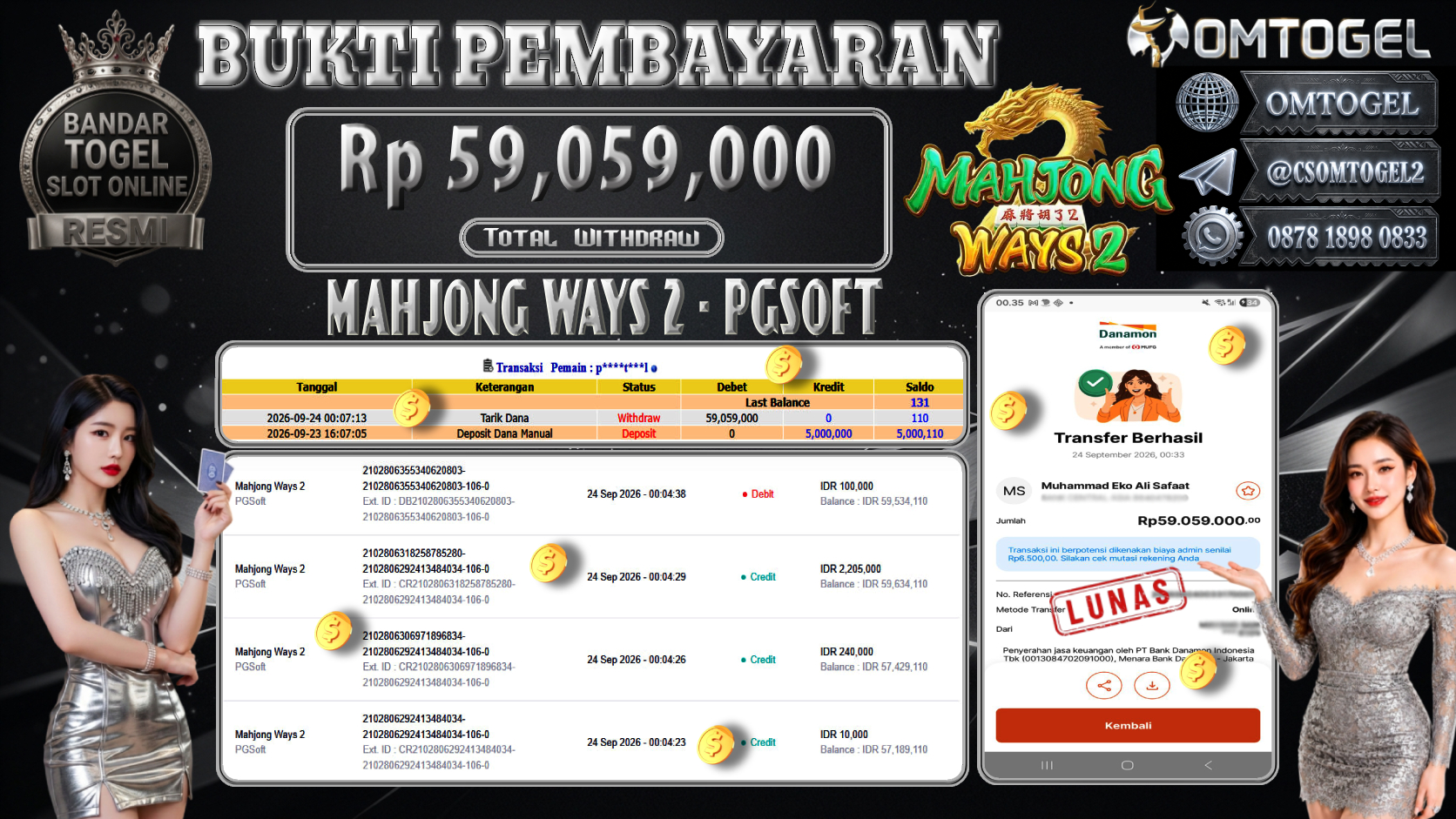 OMTOGEL JACKPOT PGSOFT MAHJONG WAYS 2 Rp.59,059,000,- DIBAYAR LUNAS