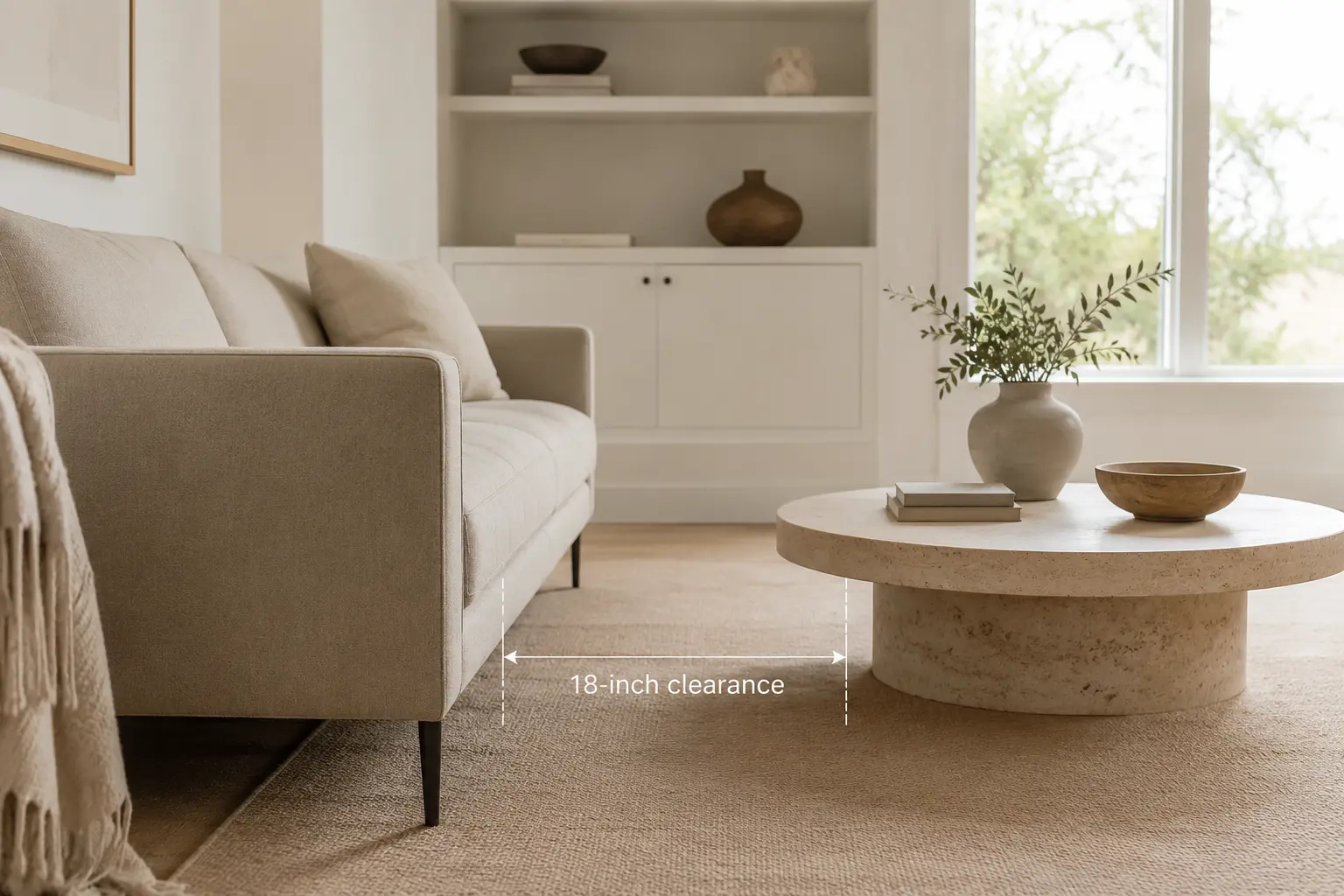 Side view of a living room showing 18 inches of clearance between a beige couch and a round coffee table