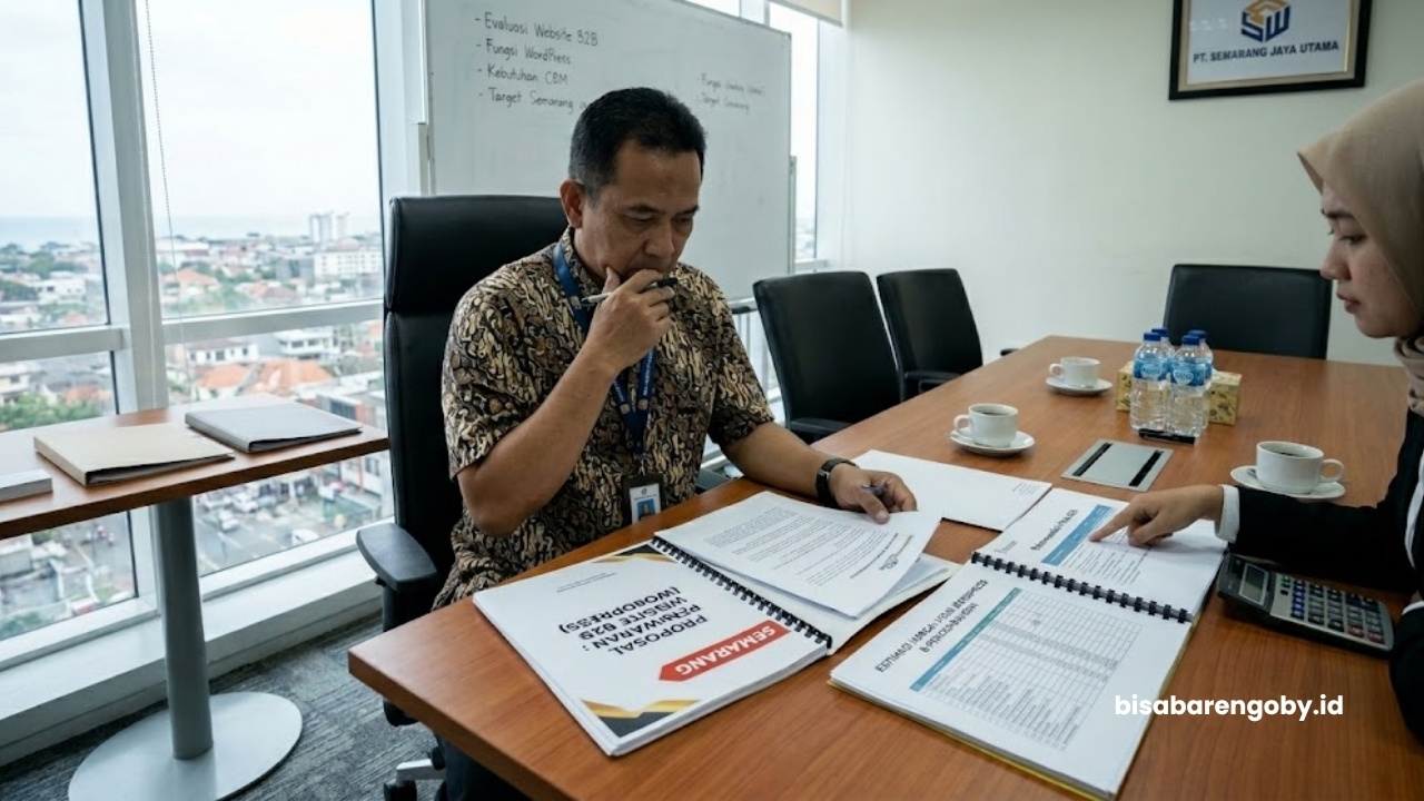 Manajer pengadaan meninjau proposal penawaran saat mengevaluasi estimasi harga website B2B untuk perusahaan di Semarang berbasis WordPress