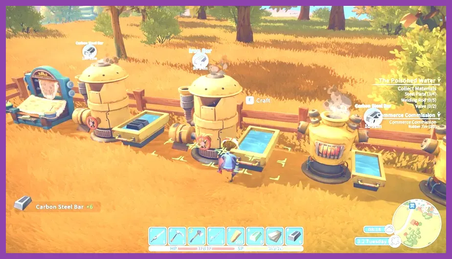 My Time at Portia player crafting iron bar on Steam Deck