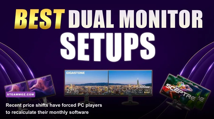 Modern gaming room with dual monitors comparing digital store prices and subscriptions