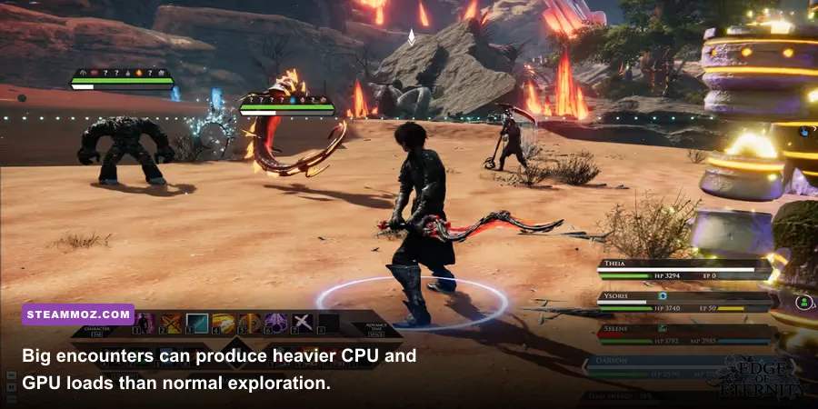 A large enemy boss battle in Edge of Eternity tactical combat