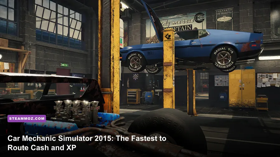 Car Mechanic Simulator 2015 garage with a vehicle on the lift