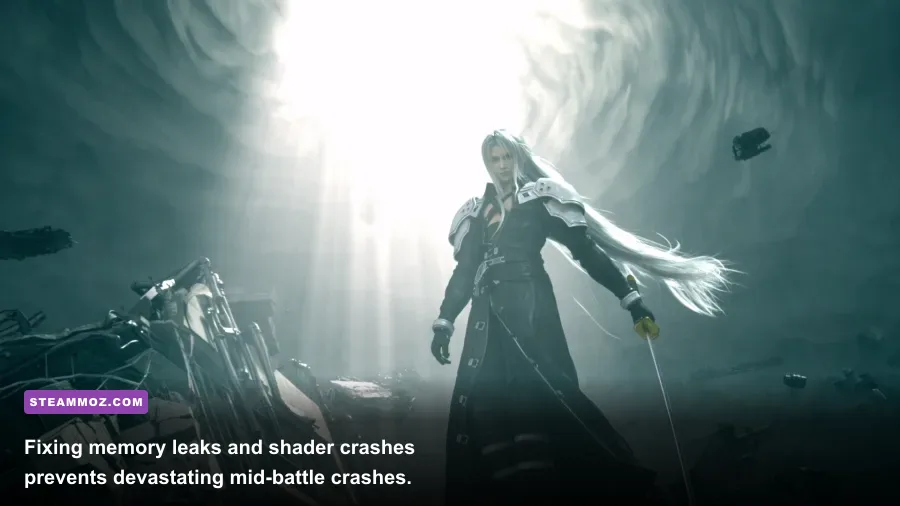 Sephiroth appearing amidst burning flames in Final Fantasy VII Remake