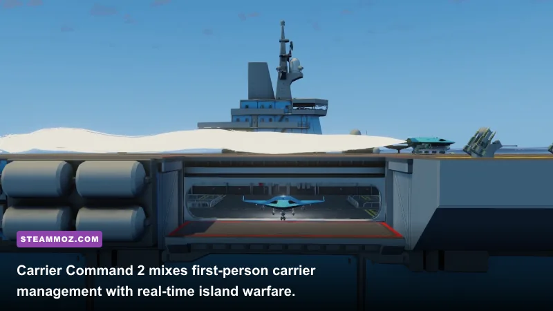 Carrier Command 2 aircraft carrier launching drones during an island assault