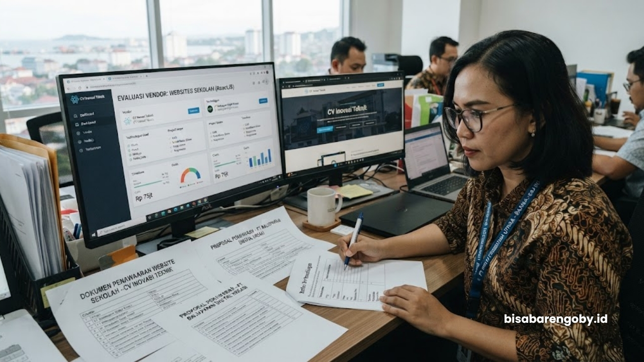 Manajer pengadaan menyeleksi dokumen penawaran saat membandingkan paket website sekolah untuk perusahaan di Balikpapan berbasis React
