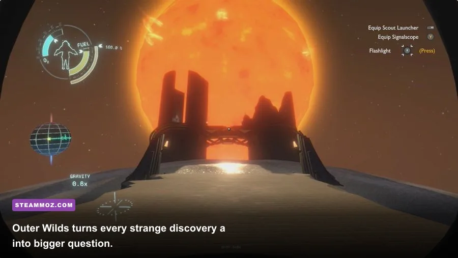 Outer Wilds player exploring ancient ruins on a desert planet