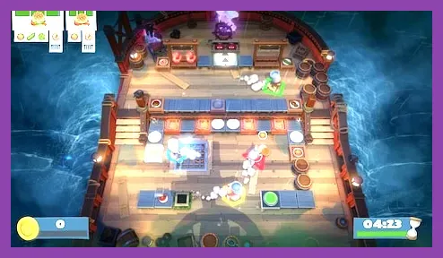 Four players plating dishes in Overcooked kitchen