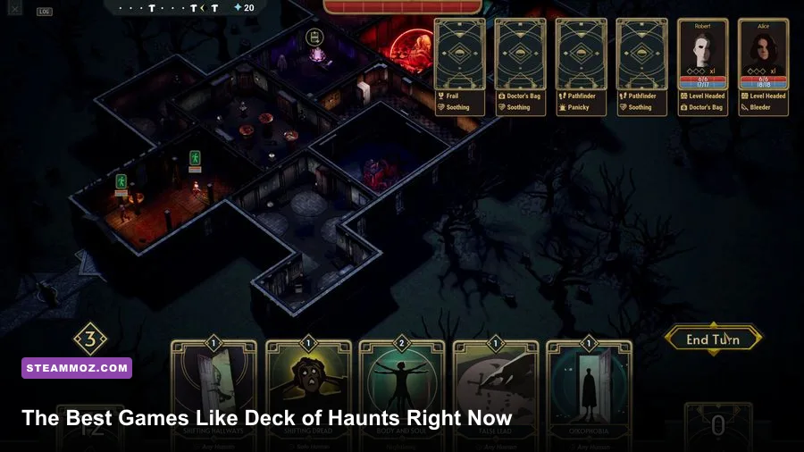 Deck of Haunts haunted mansion management gameplay with supernatural rooms