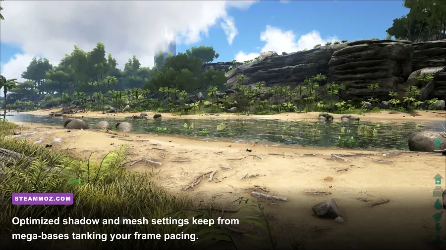 A massive player-built fortress in ARK running smoothly on PC