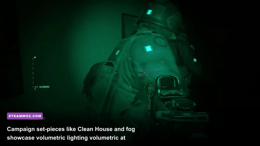 Clean House mission in Modern Warfare captured through green night-vision goggles
