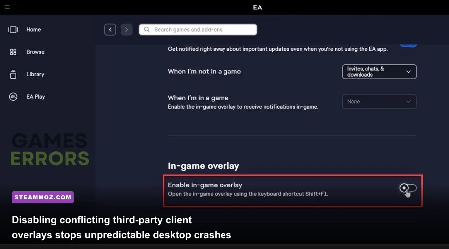 EA App client application settings window with in-game overlay disabled