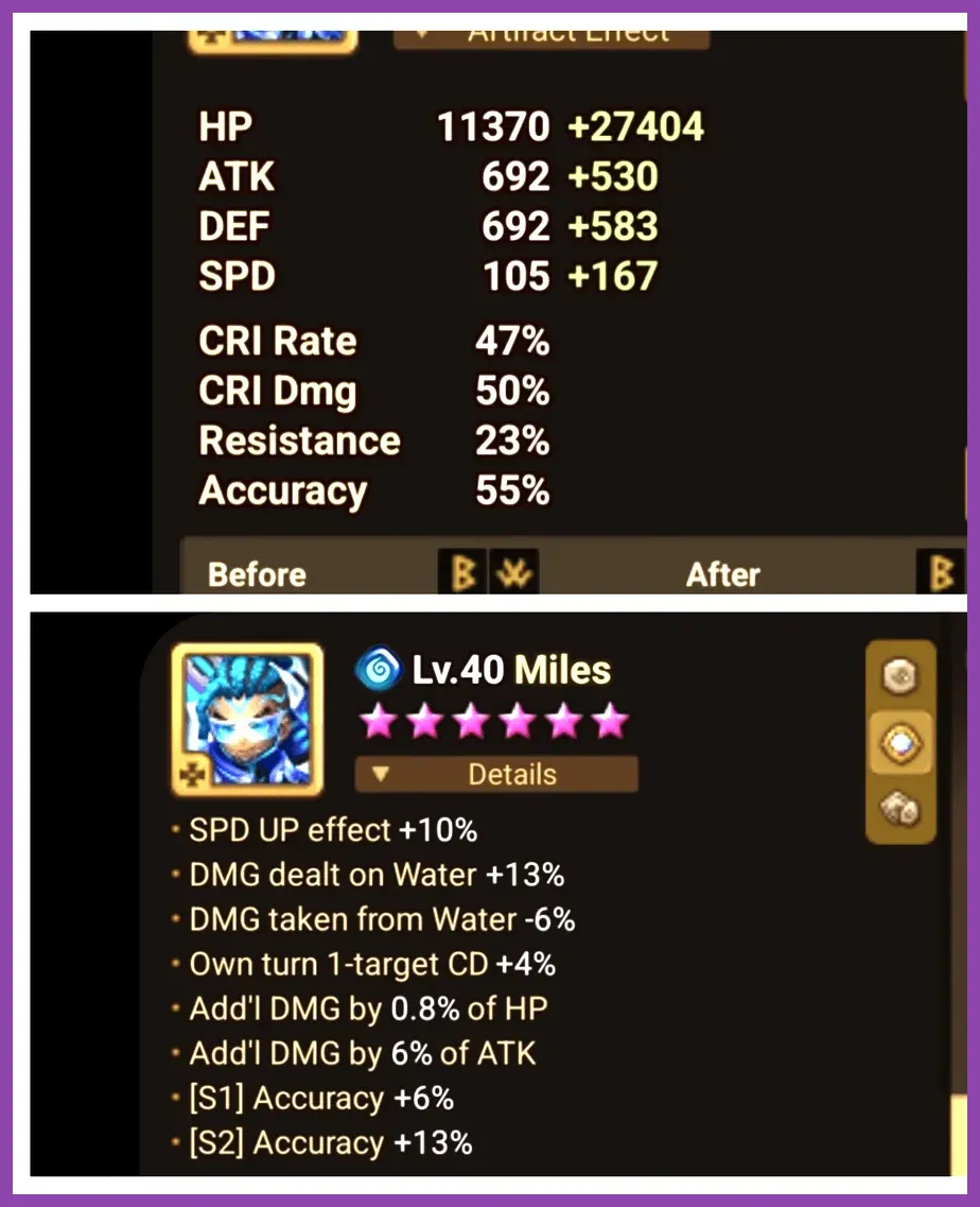 Summoners War monster stats page showing Violent Will rune build for Miles