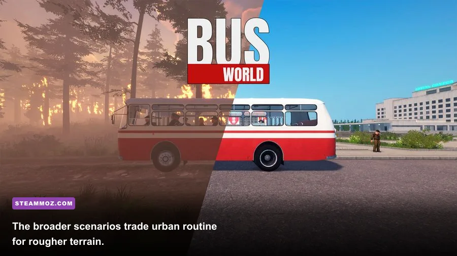 Bus World bus driving through a mountainous environment