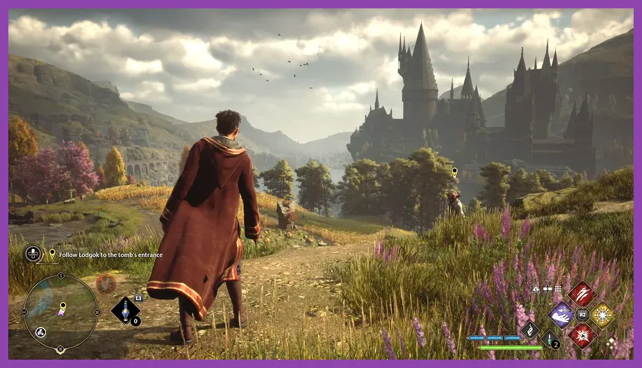 Hogwarts Legacy broom flight across the open world in a PC screenshot