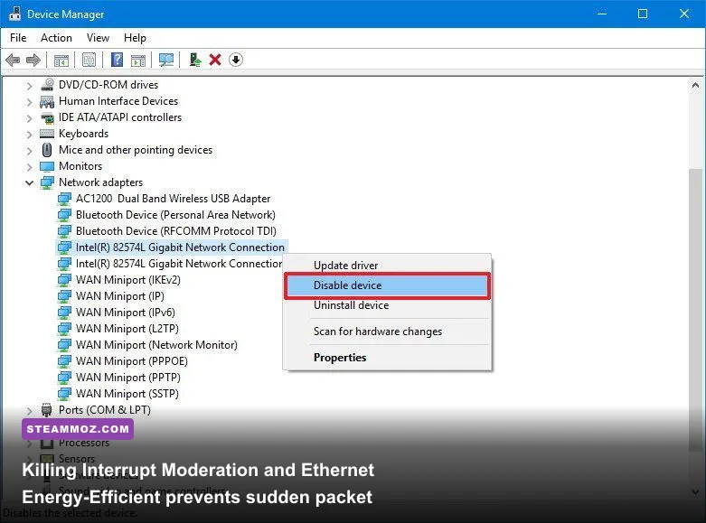 Ethernet network adapter advanced properties sheet disabling interrupt moderation