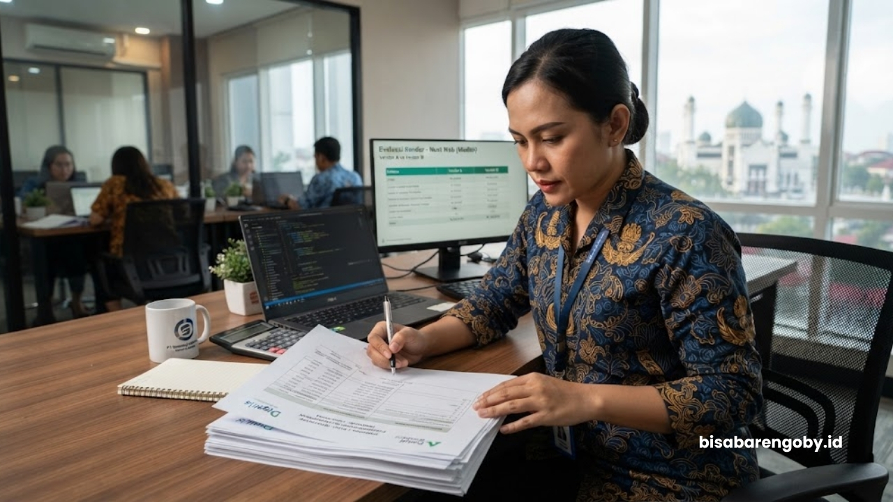 Manajer pengadaan mengevaluasi dokumen proposal sebelum memutuskan beli website untuk perusahaan di Medan berbasis Nuxt