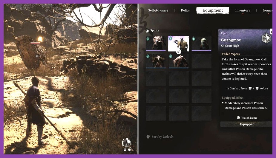 Equipped spirits, curios, and vessels in Black Myth Wukong inventory interface