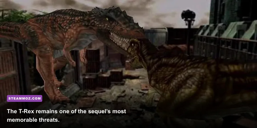 Tyrannosaurus Rex attacking during a Dino Crisis 2 boss fight