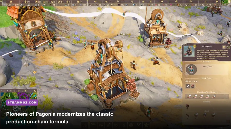 A detailed Pioneers of Pagonia settlement with farms roads and production buildings