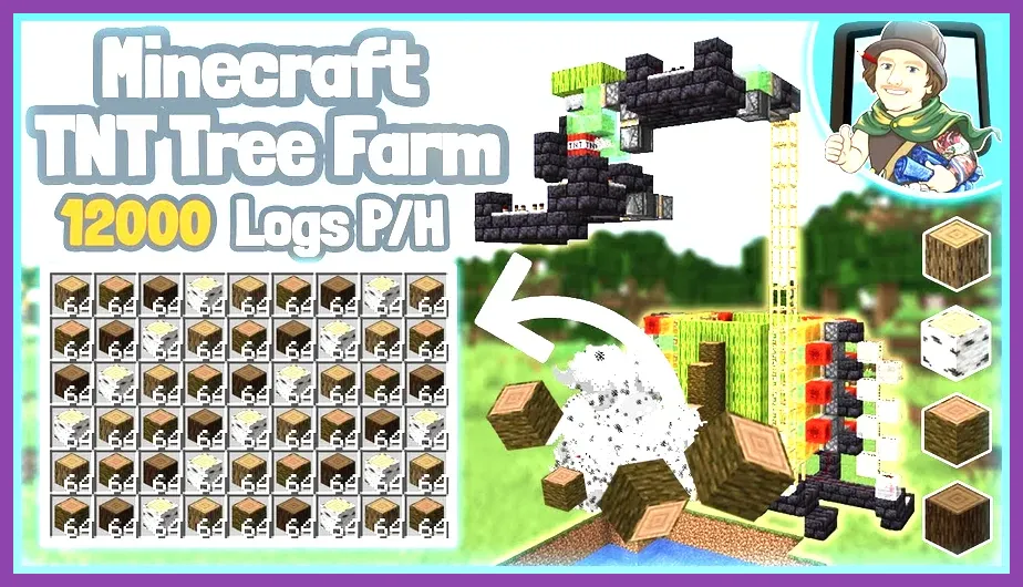Automatic tree farm, iron golem farm, and TNT blast revealing ancient debris in Minecraft
