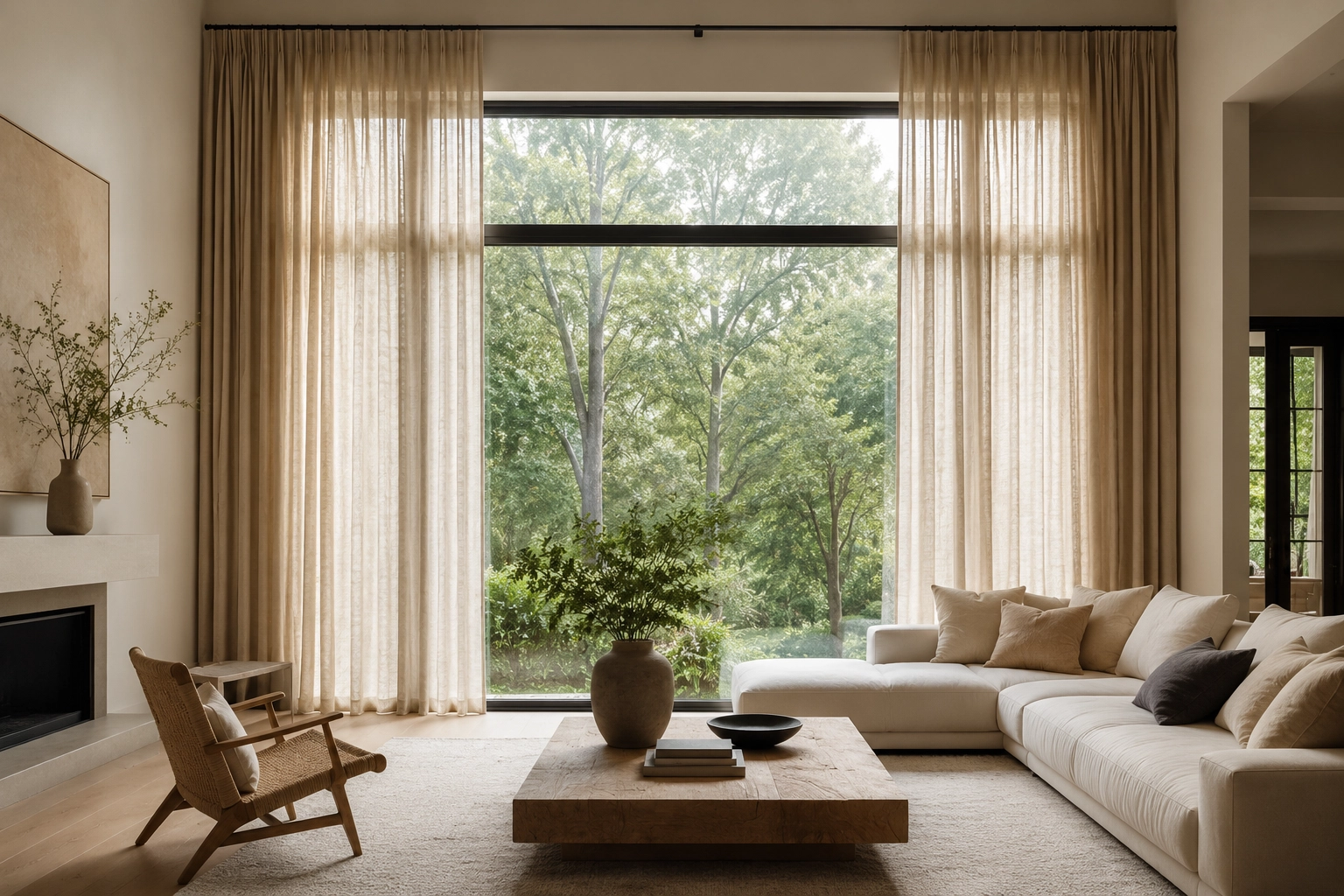 Modern living room with tall windows and long beige curtains hung high and wide to make the ceiling look taller