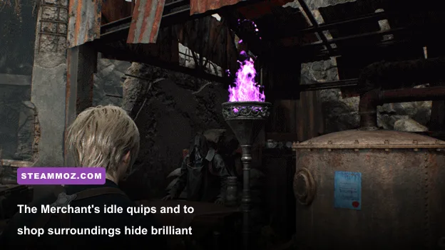 The Merchant standing beside purple flames in Resident Evil 4 Remake