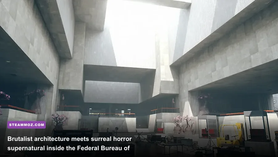 The imposing Brutalist architecture and eerie red lighting of the Oldest House in Control