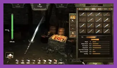 Smithing screen in Mount and Blade 2 Bannerlord showing weapon parts and crafting difficulty