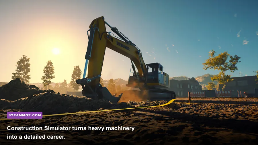 Construction Simulator 2022 gameplay showing a Liebherr crane handling materials
