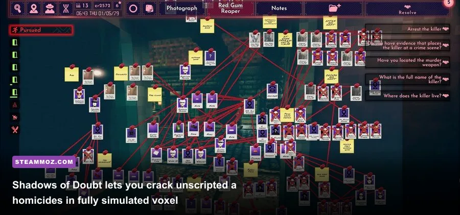 Shadows of Doubt procedural detective board with pinned evidence strings