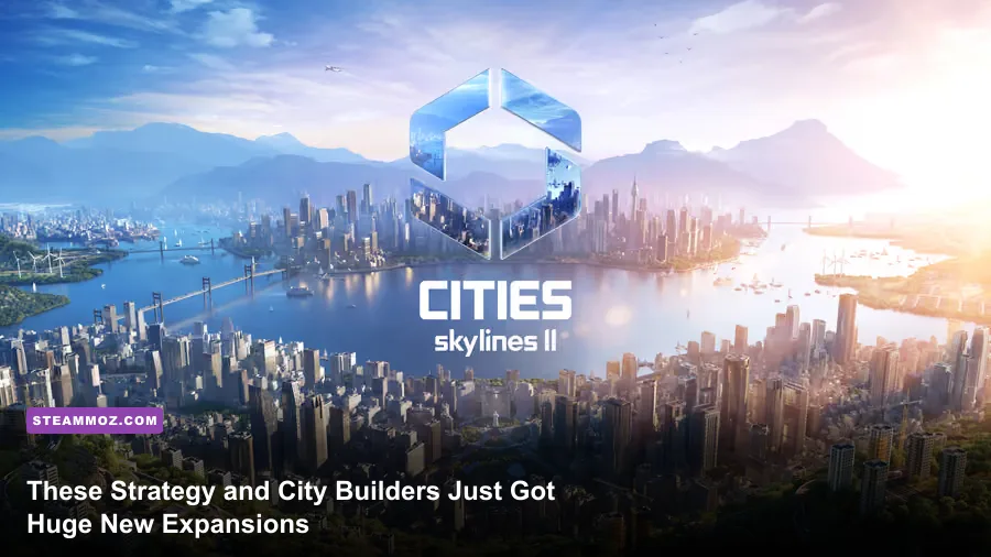 Sprawling city skyline in a modern PC city building game expansion