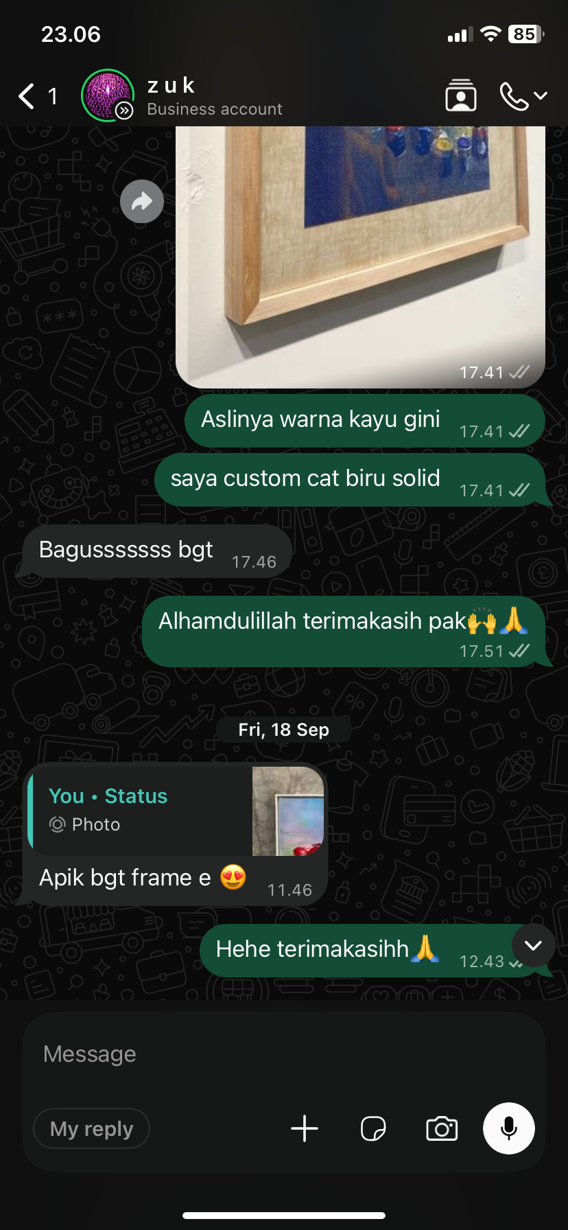 Screenshot testimoni WhatsApp customer Sasana Pigura 2