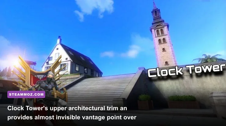 Free Fire player scoped in from a high vantage point overlooking Clock Tower in Bermuda